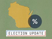 Editorial illustration showing the state of Wisconsin in gold with a percentage symbol badge and an Election Update label below.