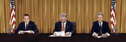 Composite editorial illustration showing three US presidents — Nixon, Trump, and Clinton — seated at desks with American flags, evoking impeachment-related presidential addresses.
