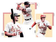 Editorial illustration of three St. Louis Cardinals baseball players in uniform with decorative geometric background panels.