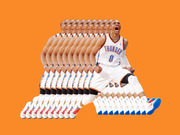 Editorial illustration showing multiple repeated cutout images of OKC Thunder player number 0 arranged in a stacked pattern on an orange background.