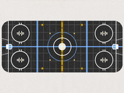 Overhead illustration of a hockey rink with blue lines, center circle, face-off dots, and goal creases on a dark ice surface.