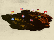 Editorial illustration showing small national flags of Spain, Greece, USA, France, UK, Japan, Germany, Sweden, and Canada planted on a rocky terrain.