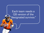 Editorial illustration of a Denver Broncos quarterback holding a football beside a speech bubble reading each team needs a QB version of the designated survivor.