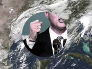 Editorial collage showing a politician speaking at a microphone overlaid on a satellite image of a hurricane over the Gulf of Mexico region.