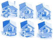 Six blue-tinted illustrations of similar suburban houses arranged in a 2x3 grid, used as decorative editorial art.