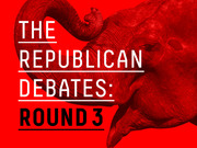 Red-tinted editorial illustration of an elephant with bold text reading The Republican Debates: Round 3 on a red background.