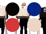 Editorial photo illustration of voters at Chicago polling booths overlaid with large colored circles in black, red, blue, and beige.