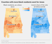 Two Alabama county maps comparing Black resident share (2012-16) in orange and Doug Jones's vote share in the 2017 special election in blue, showing correlation.