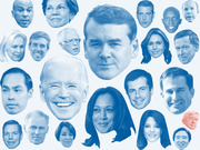 Collage of blue-tinted portrait faces of 2020 Democratic presidential candidates arranged by size, with one red-tinted face among them.