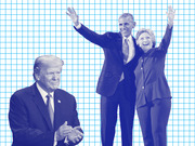 Blue-tinted editorial illustration of Donald Trump clapping on the left and Barack Obama with Hillary Clinton waving on the right, set against a blue grid background.