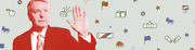Editorial illustration of a red-tinted man in a suit raising his hand, surrounded by small political icons including flags, donkeys, elephants, money, and stars on a light green background.
