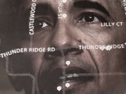 Editorial composite image overlaying a street map with road names onto a close-up portrait of Barack Obama in black and white.