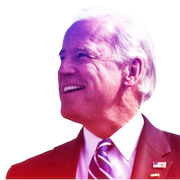 Stylized editorial illustration of a smiling older man in a suit with an American flag pin, rendered with purple and red color toning on a white background.