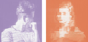 Two stylized pixelated portraits side by side, one tinted purple showing a person wearing VR goggles, and one tinted orange showing a person's face.