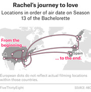 A world map tracing Rachel's journey across locations in order of air date on Season 13 of The Bachelorette, with pink lines connecting dots from LA to Spain and back.