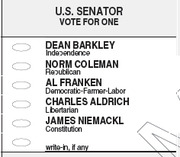 Sample ballot section for U.S. Senator showing candidates Dean Barkley, Norm Coleman, Al Franken, Charles Aldrich, and James Niemackl with write-in option.