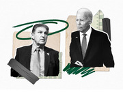 Editorial collage illustration showing two men in suits with green scribbles, torn paper textures, and partial calendar numbers as decorative elements.