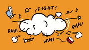 Cartoon editorial illustration on orange background showing a comic-style cloud with fight chants, musical notes, a drum, trumpet, and sneaker surrounding it.