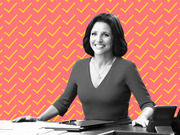 Black-and-white photo of a smiling woman at a desk composited onto a coral background with repeating yellow checkmark pattern.