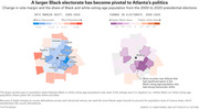 Two side-by-side choropleth maps of Atlanta-area counties showing vote margin shift and change in Black vs. white electorate share from 2000 to 2020 presidential elections.