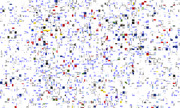A dense collage of scattered blue text fragments, colored squares, and small thumbnail images arranged chaotically across a white background.