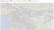 Dot map of Los Angeles area schools colored by vaccination exemption rate, ranging from up to 3.1% (dark gray) to greater than 20% (dark orange).