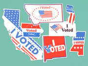 Editorial illustration showing various I Voted stickers overlaid on US state silhouettes in red, white, and blue.
