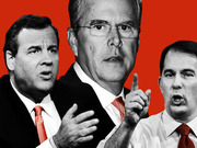 Black and white editorial illustration of three male politicians speaking, set against a red background, likely depicting Republican presidential candidates.
