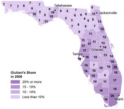 Choropleth map of Florida counties showing Giuliani's share of the vote in 2008, with counties shaded by four ranges from less than 10% to 20% or more.