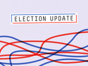 Decorative Election Update header graphic with red and blue intertwining lines on a light purple background.