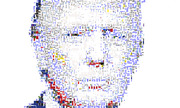 A mosaic portrait of a person's face composed of tiny text fragments, images, and colorful blocks arranged to form facial features.