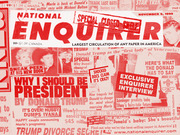 A collage of red-tinted National Enquirer tabloid front pages and headlines featuring Donald Trump stories from the 1990s.