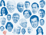 Collage of blue-tinted portrait cutouts of 2020 Democratic presidential candidates arranged at varying sizes, with one face highlighted in orange-red.