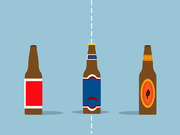 Three illustrated beer bottles on a light blue background, with a dashed vertical line dividing the center bottle from the other two.