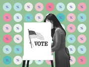 Editorial illustration of a woman voting at a polling booth with a VOTE sign and American flag, set against a green background filled with colorful circles containing percent signs.