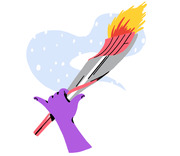 Stylized illustration of purple hands holding a flaming torch against a light blue cloud background, rendered in a bold editorial cartoon style.