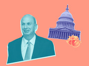 Editorial collage illustration showing a man in a suit tinted teal, the US Capitol building in purple, and peaches on a coral background, referencing impeachment.