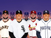 Editorial illustration showing MLB players in Giants, White Sox, Cardinals, and Padres uniforms against a purple background with faded player images.