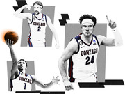 Editorial collage illustration of three Gonzaga basketball players in uniform numbers 1, 2, and 24 in black-and-white with geometric shapes.