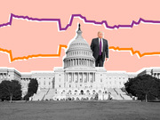 Editorial illustration showing Donald Trump standing atop the US Capitol building with stylized purple and orange zigzag lines overlaid on a pink background.