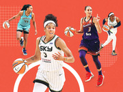 Editorial collage illustration of four WNBA basketball players in action on a red background with grid design elements.