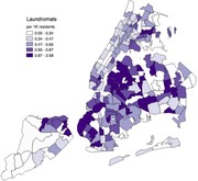 Choropleth map of New York City showing laundromats per 1,000 residents by neighborhood, with darker purple indicating higher density ranging from 0.00 to 2.58.