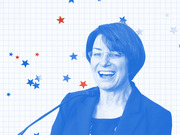 Blue-tinted editorial illustration of a smiling woman at a microphone against a grid background with red and blue stars.