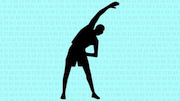 Black silhouette of a person doing a side stretch exercise against a cyan background filled with random numbers.