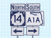 Editorial illustration of road signs showing North and South directional signs, North Dakota Route 14, and Florida A1A highway signs with arrow signs below.