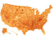 Choropleth map of the United States showing county-level data with shading ranging from light to dark orange, including Alaska and Hawaii insets.