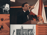 Editorial collage featuring a politician at a podium with the Florida state seal, a school desk, students raising hands, pencils, and a map illustration.