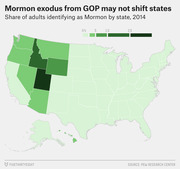 Choropleth map of the US showing share of adults identifying as Mormon by state in 2014, with western states like Utah and Idaho darkest.