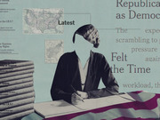 Editorial collage illustration showing a faceless woman writing at a desk, surrounded by newspaper clippings, historical maps, and large text fragments about Republicans and Democrats.