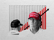 Editorial illustration showing two figures wearing MAGA and Trump 45 hats against a stylized rising bar chart with a black upward arrow, rendered in black-and-white with red accents.